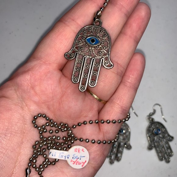28" Ball Chain Necklace with Hamsa Pendant and Matching earrings, set - Picture 10 of 10